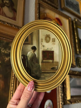 Vintage Style Lady & Cats Art Print Framed Oval